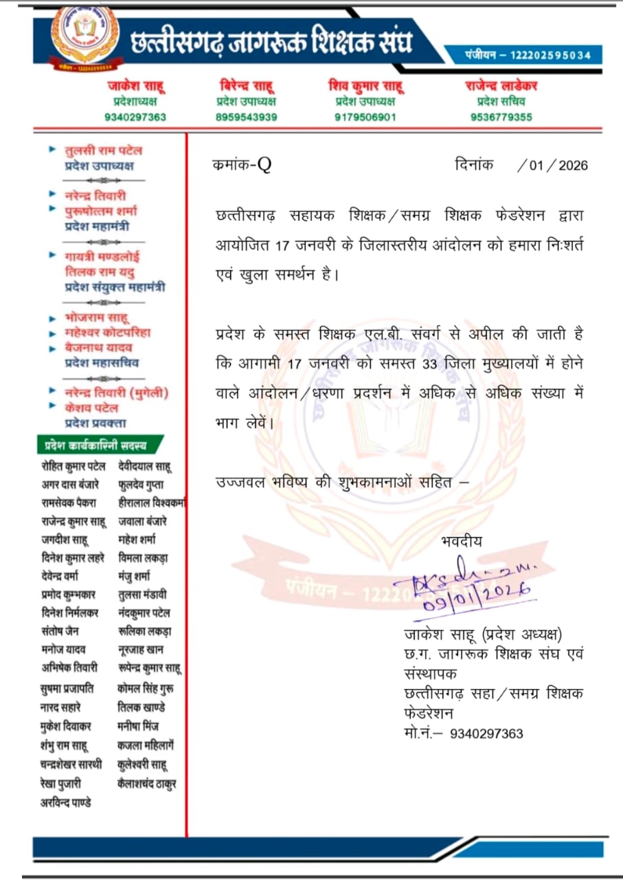शिक्षकों के सब्र का बांध टूटा : 17 जनवरी को छत्तीसगढ़ के 33 जिला मुख्यालयों में एक साथ गूंजेगा अधिकारों का हुंकार, जागरूक शिक्षक संघ ने दिया खुला व नि:शर्त समर्थन