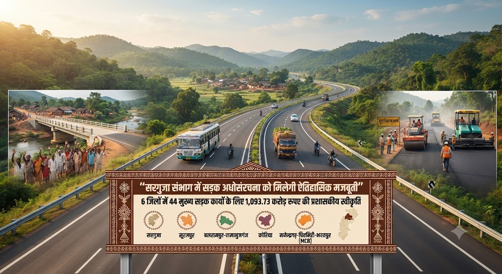 सरगुजा से जशपुर तक विकास की राह होगी आसान, संभाग के छह जिलों में 1,093.73 करोड़ रुपए से 44 मुख्य सड़क कार्यों को मिली मंजूरी, बेहतर आवागमन के साथ कृषि, व्यापार, शिक्षा, स्वास्थ्य और ग्रामीण अर्थव्यवस्था को मिलेगा बड़ा लाभ
