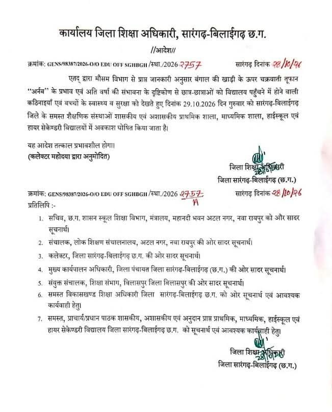 बंगाल की खाड़ी में उठे चक्रवाती तूफान का असर, तेज हवाओं और भारी बारिश की आशंका के बीच सारंगढ़-बिलाईगढ़ के सभी स्कूल आज रहेंगे बंद