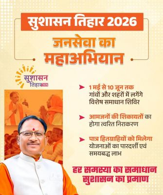 सुशासन तिहार 2026 का बिगुल: 4 मई से 10 जून तक रायगढ़ जिले में 5 चरणों में 27 जनसमस्याओं शिविरों के जरिए घर-घर पहुंचेगी सरकार, मौके पर होगा समाधान और योजनाओं का मिलेगा त्वरित लाभ